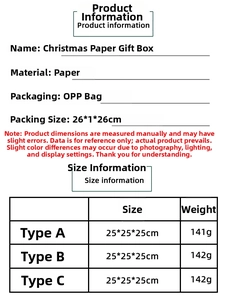 Detailed size specifications for foldable Christmas paper gift boxes in various designs