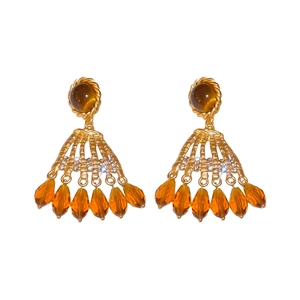 Vintage gold tassel earrings with amber beads and sparkling crystal mesh design