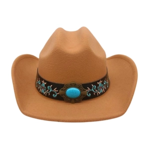 Detailed close-up of ethnic floral embroidery and turquoise stone on a brown cowboy hat