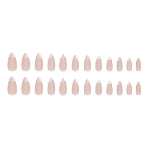 French almond press-on nails in soft pink with elegant gold foil and white line accents