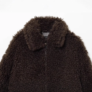 Women's dark brown fleece jacket with lapel collar and metal zipper closure