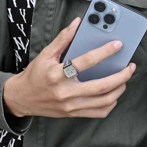 Hip hop style silver plated stainless steel square ring with dense zircon micro paving