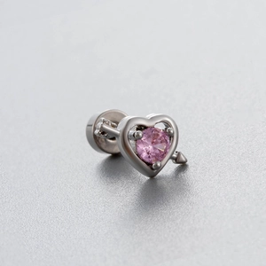 Pink heart zircon titanium steel stud earring with cupid arrow design on gray background