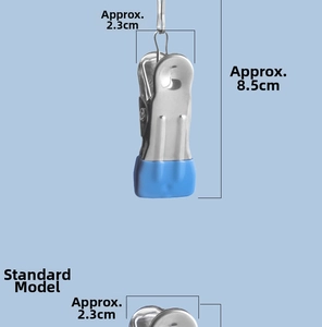 Detail view of a windproof stainless steel clothes peg with blue non-slip grips, 8.5cm height