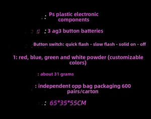 Detailed specs of LED shutter glasses showing PS plastic material and flash modes