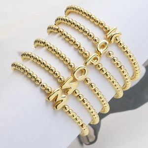 Letter Initial Beaded Bracelet Copper 18K Gold Plated Elastic Round Bead Bubble Alphabet Pendant Jewelry For Women