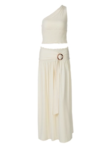 Women's cream off-shoulder crop top and high-waisted skirt set with circular ring detail