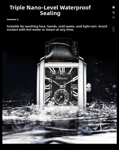 Detail of square quartz watch for men featuring 30M waterproof splash effect display