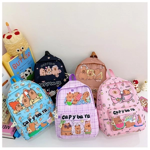 Close-up of five colorful Capybara cartoon backpacks with durable zippers and handles
