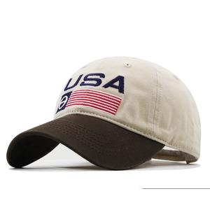 Vintage USA flag embroidery baseball cap with beige crown and dark brown curved brim
