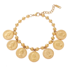 Gold stainless steel bead chain bracelet featuring multiple Elizabeth II coin pendants