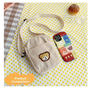 Detail of beige corduroy crossbody bag with cute bear embroidery and adjustable strap