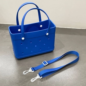 Blue EVA beach tote bag featuring waterproof hole design and detachable shoulder strap
