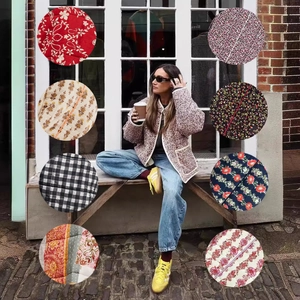 Women Quilted Jacket Floral Print Vintage Stand Collar Long Sleeve Lightweight Padded Outerwear With Contrast Piping