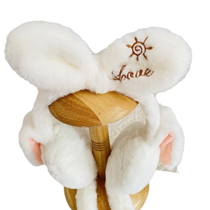 White plush earmuffs with bunny ears and Love embroidery for girls winter warmth