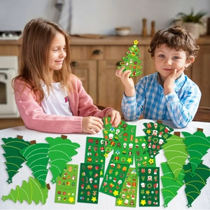 DIY Christmas tree felt kit for kids featuring colorful holiday stickers and ornaments