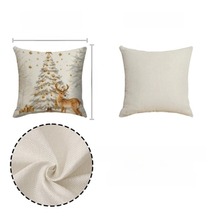 Detail of Christmas pillow cover showing reindeer print, linen texture and 45x45cm size