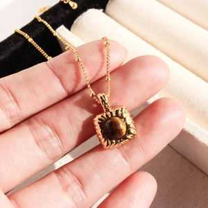 Vintage style gold square pendant necklace with natural brown tiger eye stone