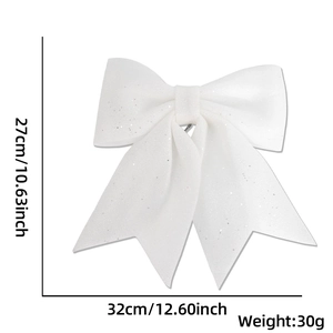 Detailed size chart showing 27x32cm white glitter bow ornament with weight 30g