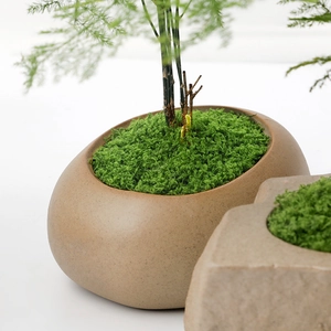 Artificial green moss decoration for DIY landscaping in a brown ceramic plant pot