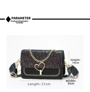 Detail view showing 21cm length dimensions of the black sequined crossbody bag