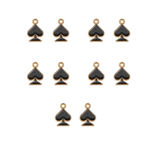 Detailed close-up of 10 gold-plated spade charms with black enamel filling for DIY jewelry