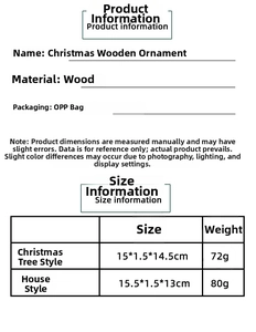 Detailed size specifications for Christmas wooden tree and house table ornaments