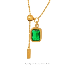 Elegant Rectangle Green Zircon Pendant Necklace Stainless Steel With Adjustable Pull Chain And Engraved Square Tag For Women