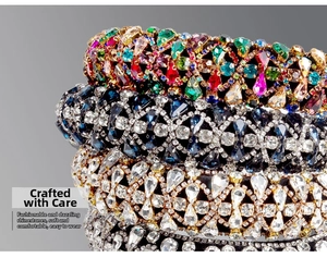 Macro detail of luxury baroque padded headbands featuring colorful crystals and rhinestones