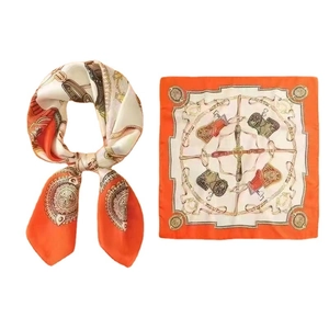 Elegant equestrian horse print square silk scarf with orange and cream luxury pattern