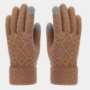 Three-piece winter knit set with camel touch-screen gloves and textured diamond pattern