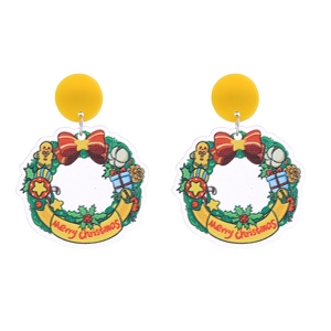 Close-up of double-sided glitter acrylic Christmas wreath earrings with Merry Christmas text