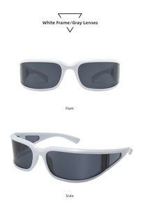 Front and side views of white wraparound Y2K sports sunglasses with gray lenses