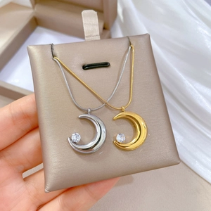 Minimalist Moon Crescent Pendant Necklace Titanium Steel Zircon Inlaid Elegant Snake Bone Chain Jewelry For Women