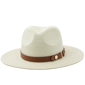 Classic beige Panama straw sun hat featuring a dark brown leather band and gold studs