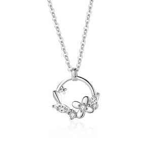 S925 sterling silver necklace featuring a circular butterfly floral wreath pendant with crystals