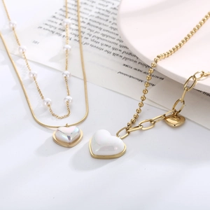 Double-layered golden stainless steel heart necklaces with pearl and snake chains