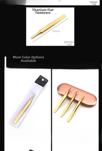 Macro detail of gold stainless steel eyelash tweezers with luxury box and storage pouch