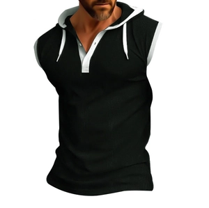 Detail of hooded sleeveless shirt with color block design and breathable mesh fabric