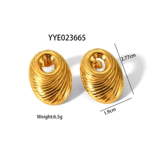 Golden oval stud earrings with retro spiral textured pattern in durable stainless steel