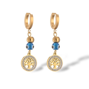 Gold plated Tree of Life drop earrings with blue evil eye beads and sparkling zircons