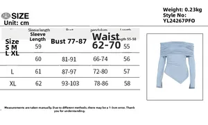 Detailed size chart for the off-shoulder top showing sleeve, bust, and waist measurements