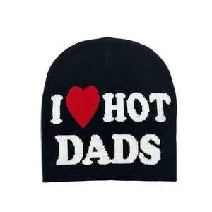 Black knitted beanie hat with I HEART HOT DADS lettering in white and red color