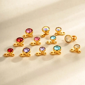 G23 titanium dermal anchor set with twelve colorful round zircon stones in gold finish