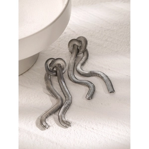 Silver stainless steel snake chain tassel earrings with minimalist knotted design