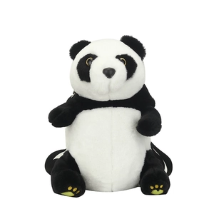 Large panda plush backpack with black straps and soft white faux fur texture