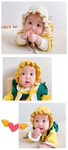 Vertical collage showing cream and yellow knit baby hats with warm ear protection