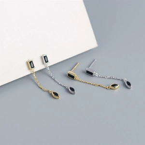 S925 silver fringe earrings with rectangular black gemstones and elegant tassels
