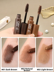 Waterproof eyebrow mascara swatches in dark, natural, and light brown shades
