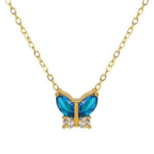 Elegant gold stainless steel necklace featuring a blue crystal butterfly pendant for women